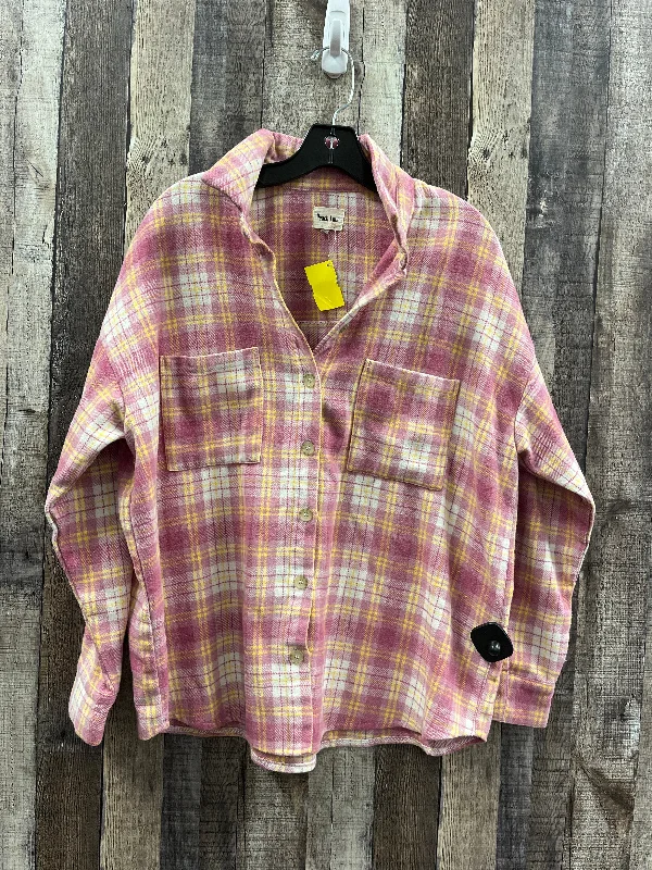 Top Long Sleeve By Peach Love Cream California In Plaid Pattern, Size: M