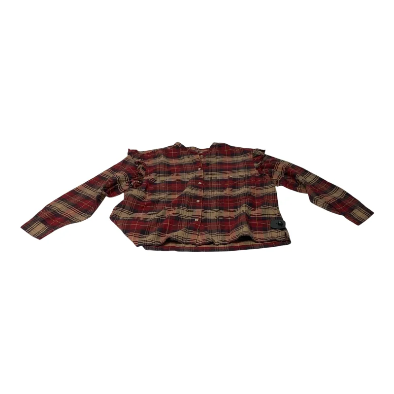 Top Long Sleeve By Something Navy In Plaid Pattern, Size: M