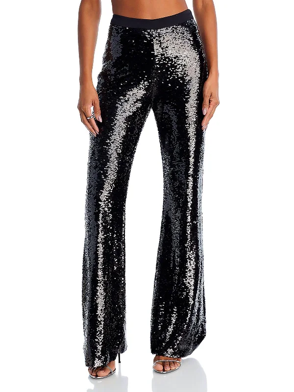 Amy Womens Sequin High-Rise Flared Pants