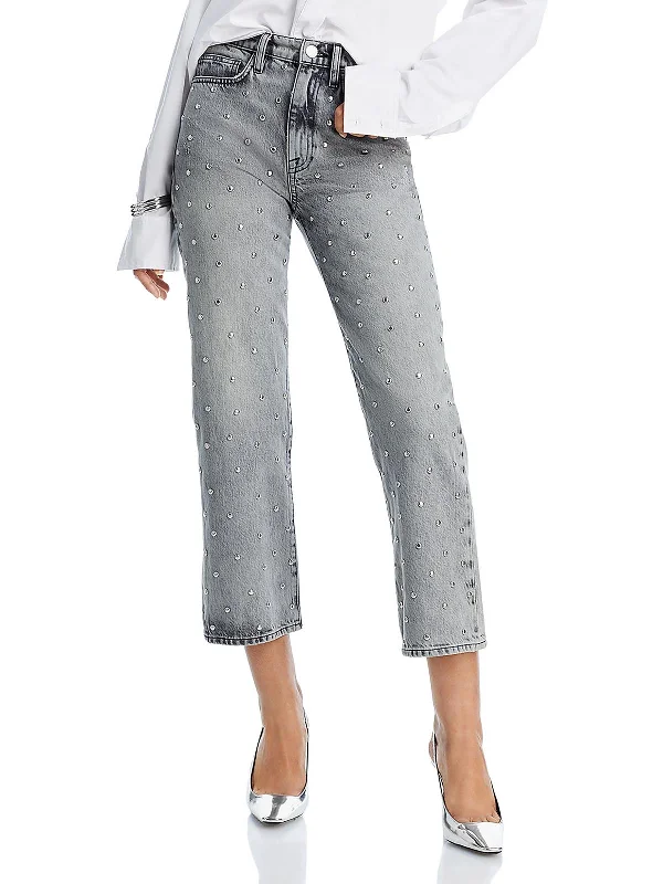 Le Jane Womens High Rise Studded Straight Leg Jeans