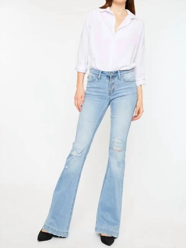 Mid-Rise Button Up Distress Flare Jeans In Medium Wash