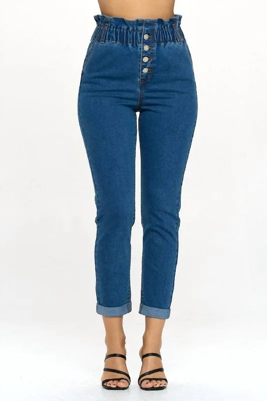 Paperbag Smocked Waist Buttonfly Jeans In Denim