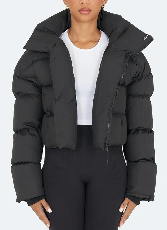 Vintage Shawl Collar Puffer Jacket - Black