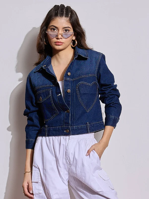 Women Blue Denim Heart Pockets Crop Jacket