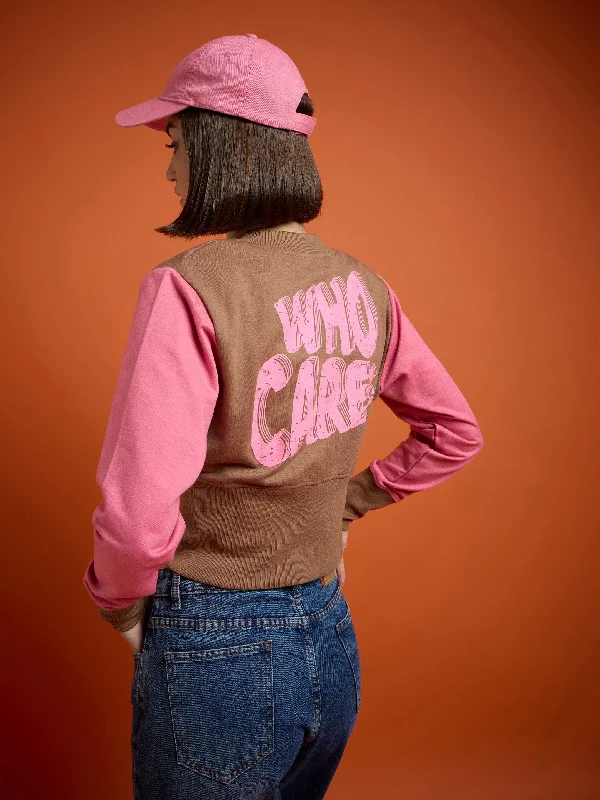 Women Brown WHO CARES Color Block Crop Jacket