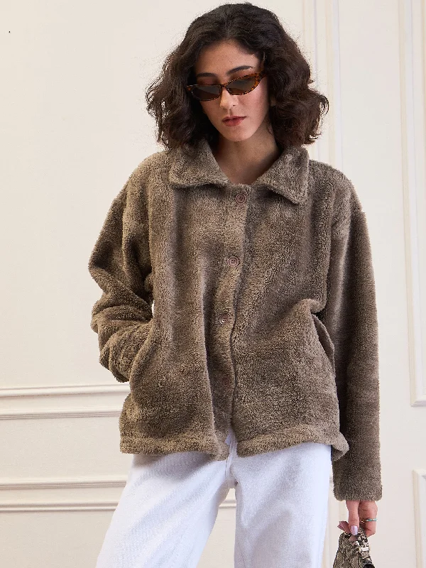 Women Dark Grey Fur Flap Pockets Detail Jacket