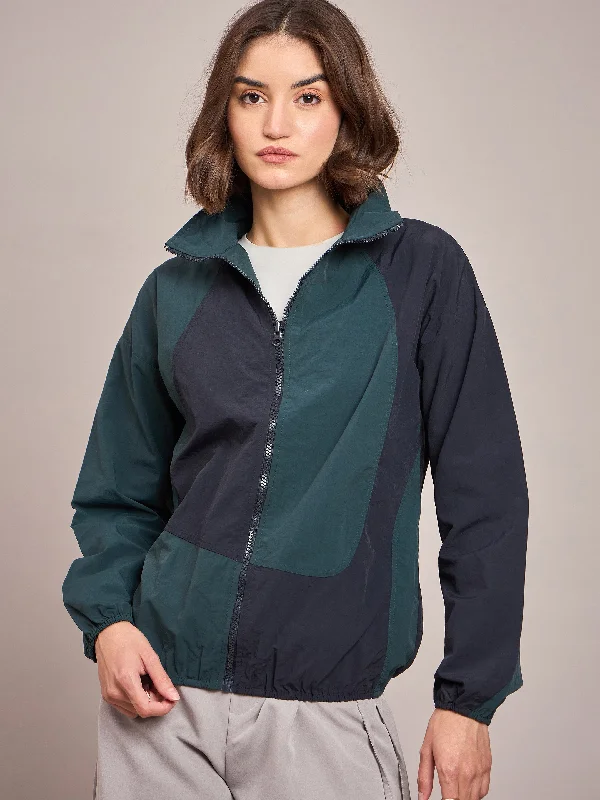 Women Green ColourBlock Parachute Zipper Jacket