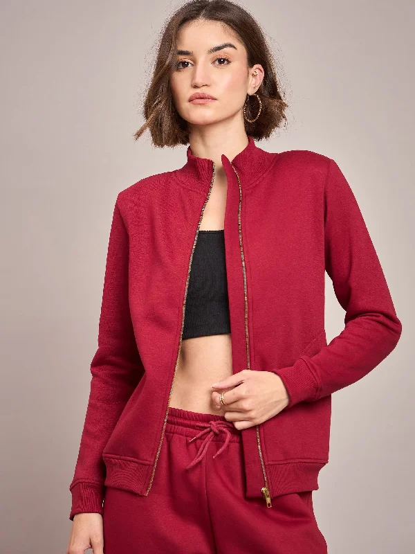 Women Maroon Fleece Zipper Jacket