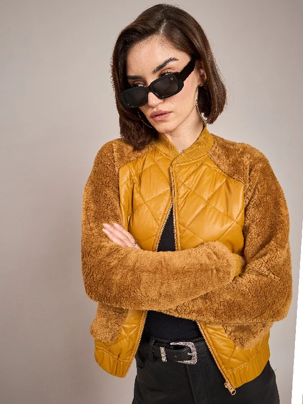 Women Mustard Faux Fur Detail Bomber Jacket