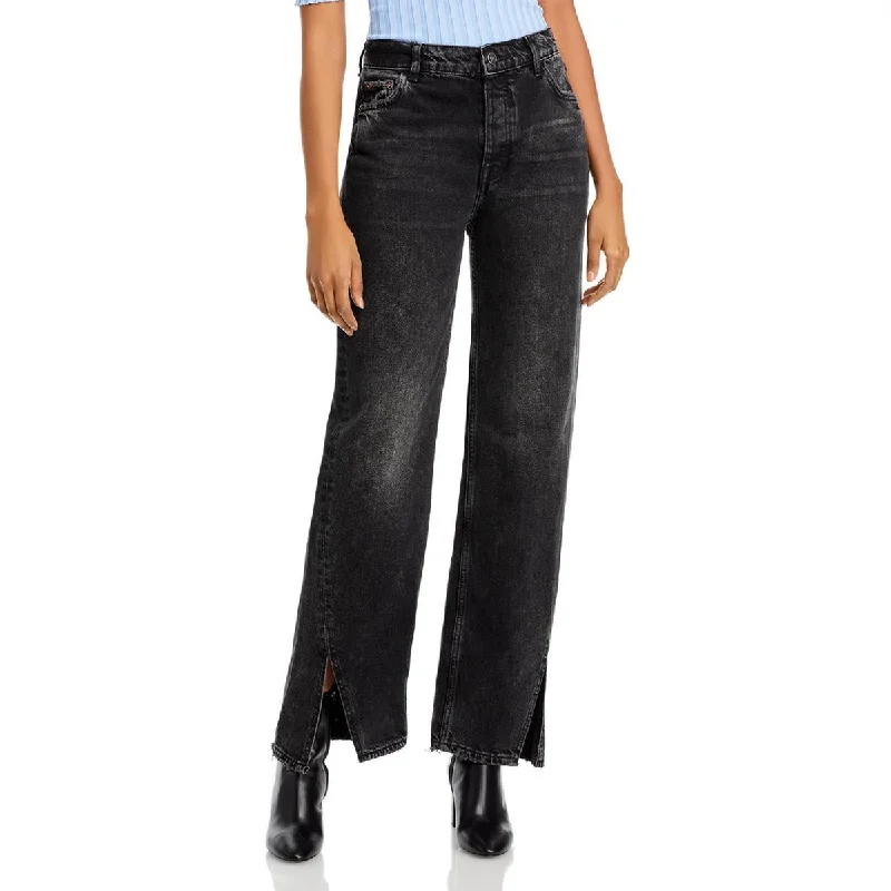 Womens Button Fly Front Slit Straight Leg Jeans