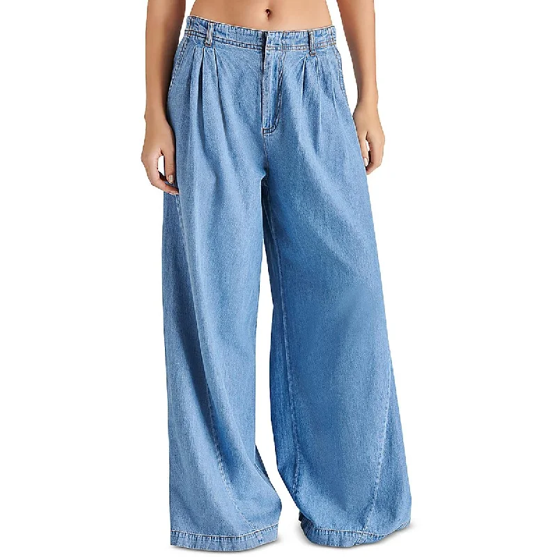 Womens Pleated Denim Wide Leg Pants