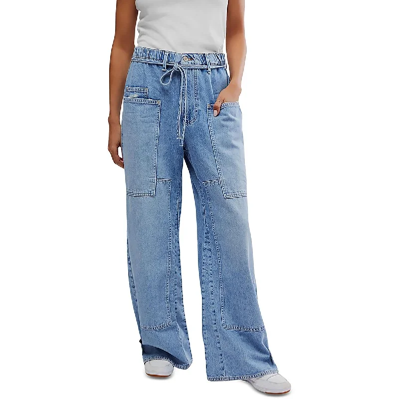 Womens Pockets Denim Wide Leg Jeans