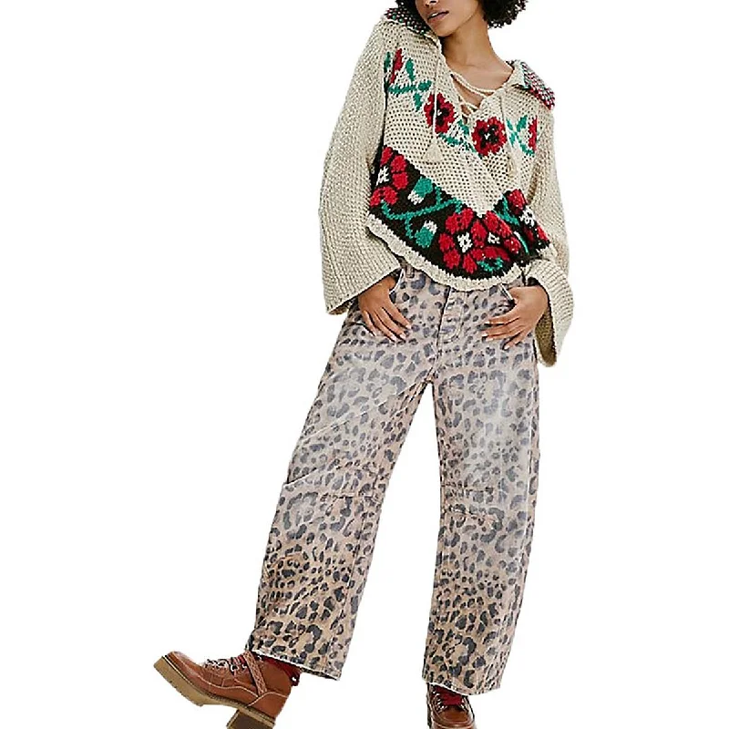 Womens Printed Denim Wide Leg Jeans