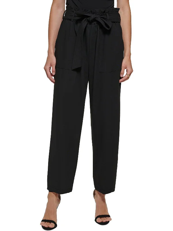 Petites Womens Belted High Rise Straight Leg Pants