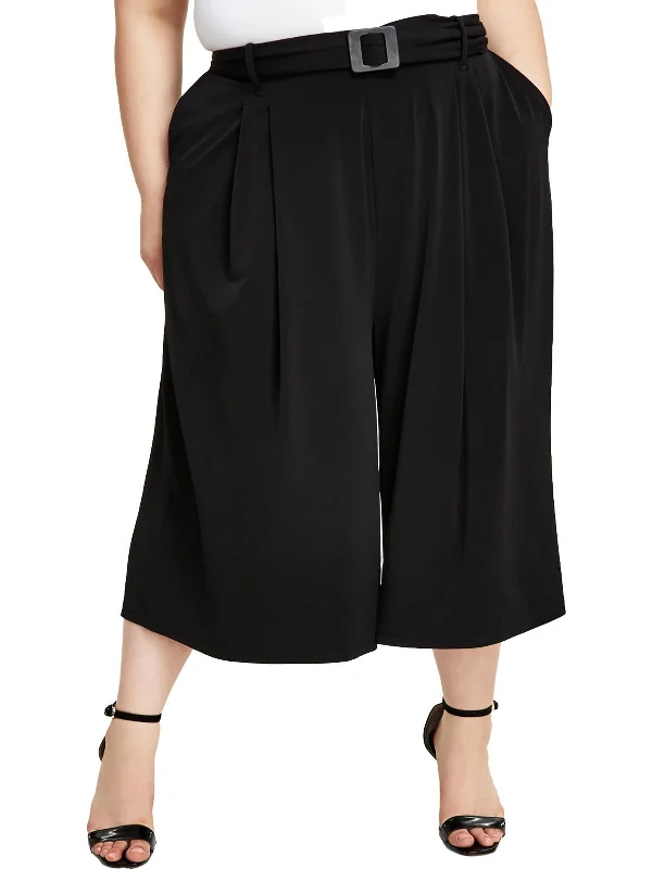 Plus Womens Pleated Cropped Wide Leg Pants