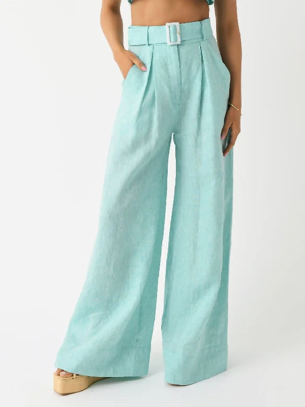 Wide Leg Pleated Pant In Seafoam Melange Linen